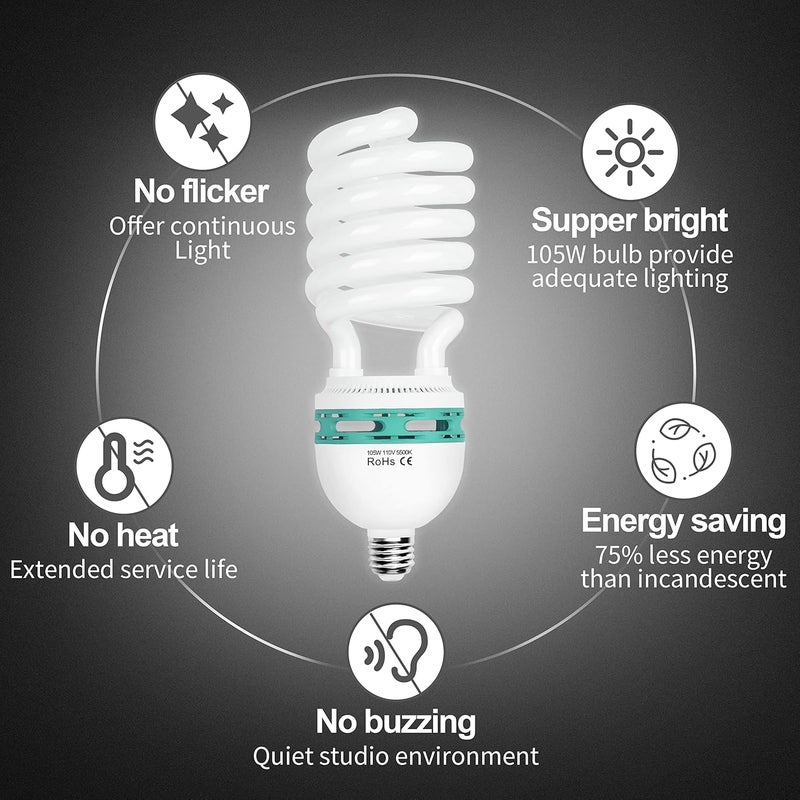 EMART Full Spectrum Light Bulb, 105W Spiral CFL 5500k Daylight for Softbox Lighting Kit, Replacement Lamp for Photography Photo Video Studio, Household Use, Portrait Shooting -4PACK - Image 5